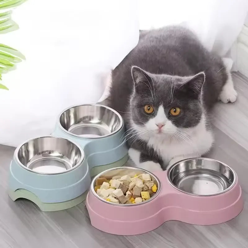 Double Pet Bowls Dog Food Water Feeder